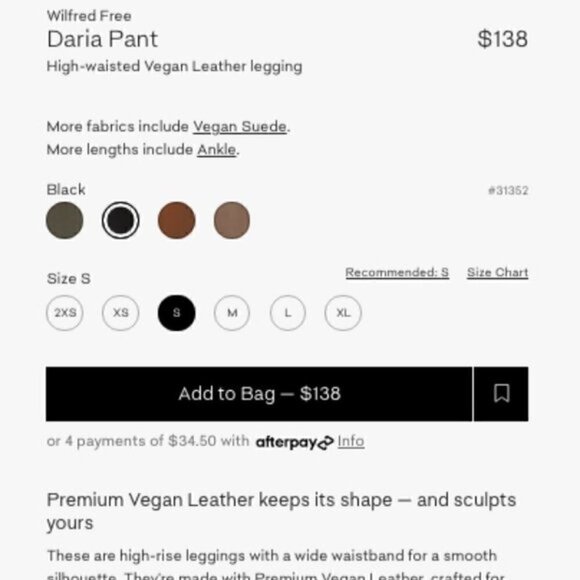 Aritzia Wilfred Daria High Rise Faux Leather Black Pant Leggings - S, tall - Picture 8 of 9